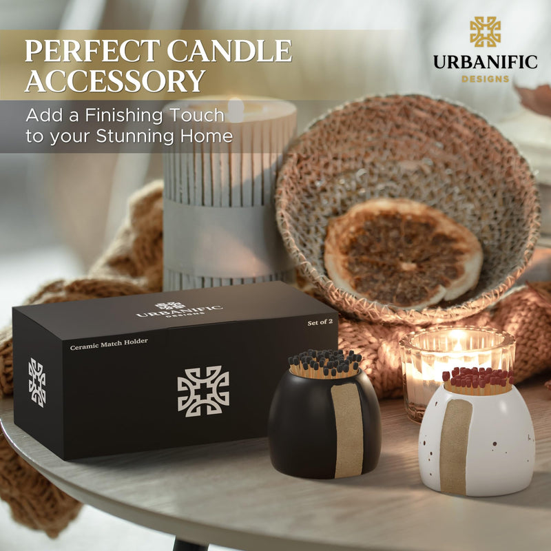 [Australia] - Match Holder with Striker - Set of 2 - Fancy Decorative Ceramic Matchstick Holders - Keeps Matches at Hand in a Cute Jar for Bathroom Candles and Kitchen Candle Home Decor - Matches Not Included 