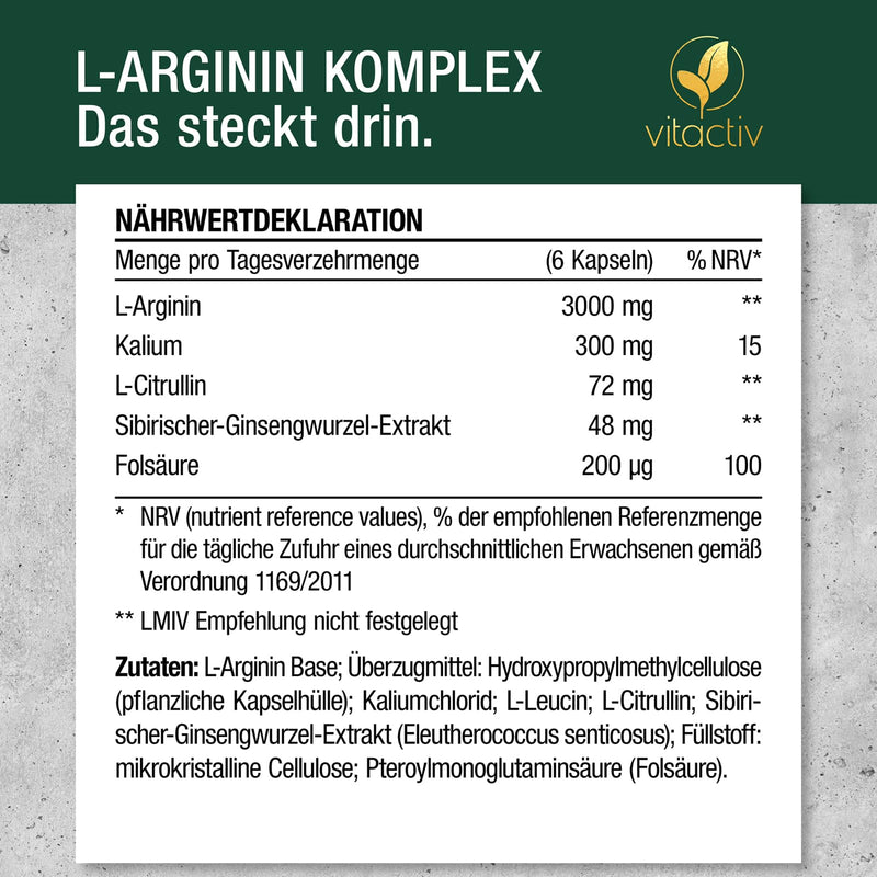 [Australia] - VITACTIV Arginine Complex - L-Arginine Capsules High Dose - With Citrulline, Ginseng, Potassium plus B Vitamins for Blood Pressure & Blood Formation - Vegan, Sugar-Free - Laboratory Tested, 180 Arginine Capsules 