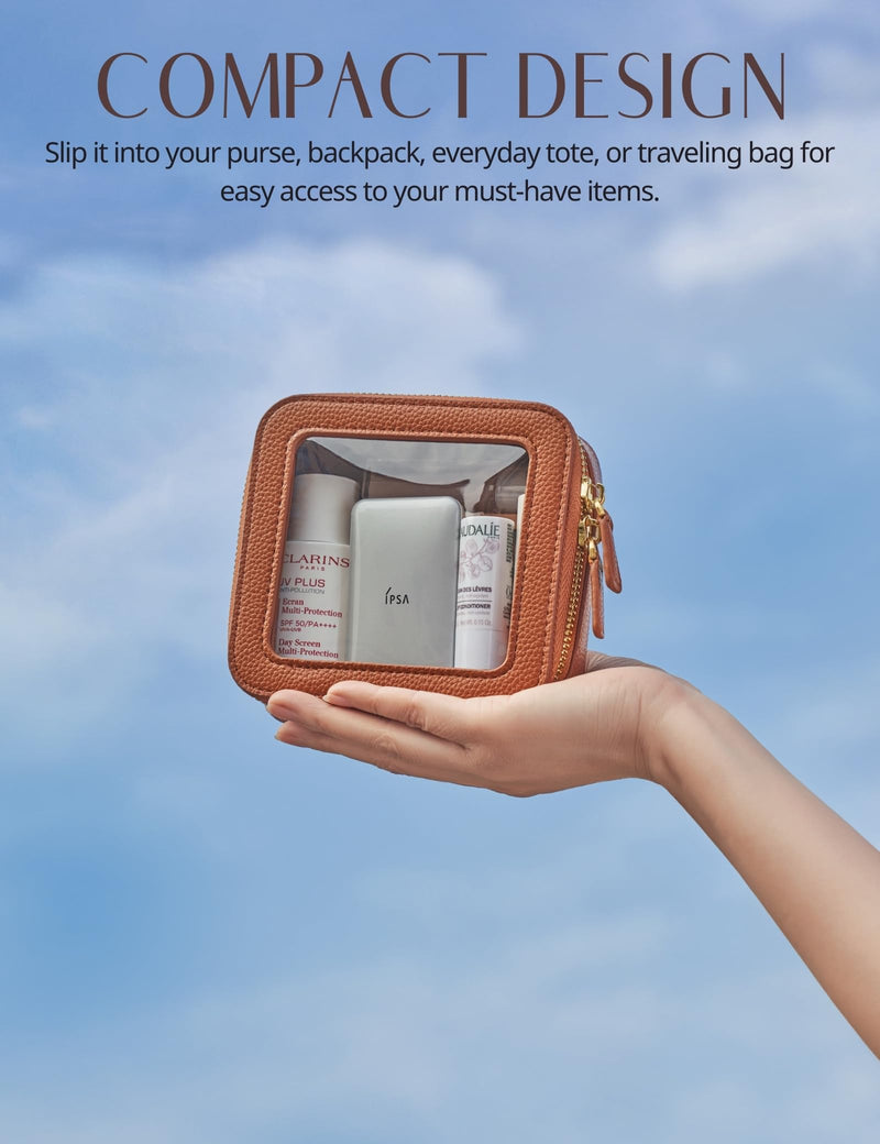 Clear Makeup Case Toiletry Bag Travel Medium Clear Cosmetic Bag with Zipper, Make Up Bag Organizer Traveling TSA Approved Transparent Bag Car for Essentials, Mini & Medium, Brown