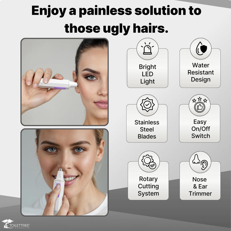 ToiletTree Products Nose Hair Trimmer for Women with LED Light - with Stainless Steel Blades, Water Resistance - Ear Nasal Hair Cutter/Removal White 1 Count (Pack of 1)