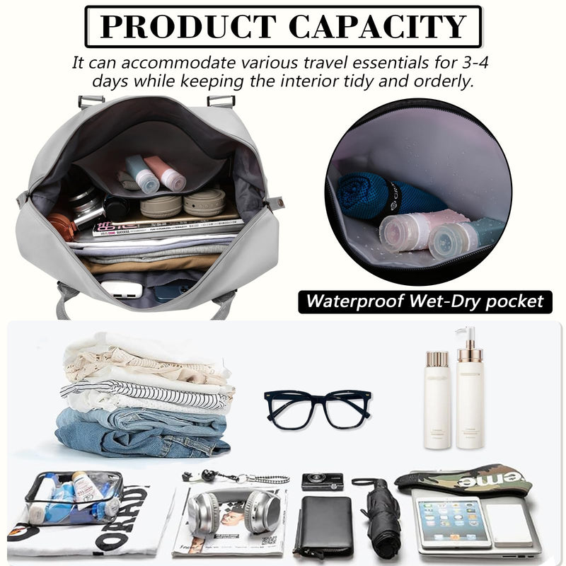 INVODA Travel Duffel Bag Sports Tote Gym Bag Shoulder Weekender Overnight Bag Carry on Travel Bag for Women (grey)