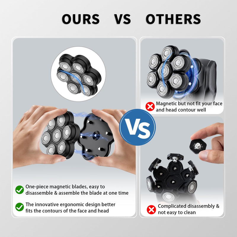 Magnetic Head Shaver Replacement Heads 7 Double Ring Waterproof Rotary Razor Blades for Bald Men Compatible with Freebird wyklaus shpavver(Black) Black1