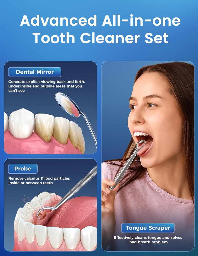 [Australia] - Plaque Remover for Teeth, Tartar Remover for Teeth with 3 Modes & Tongue Cleaner – Rechargeable Teeth Cleaning Kit with LED Light, Portable, Includes 2 Replacement Heads 