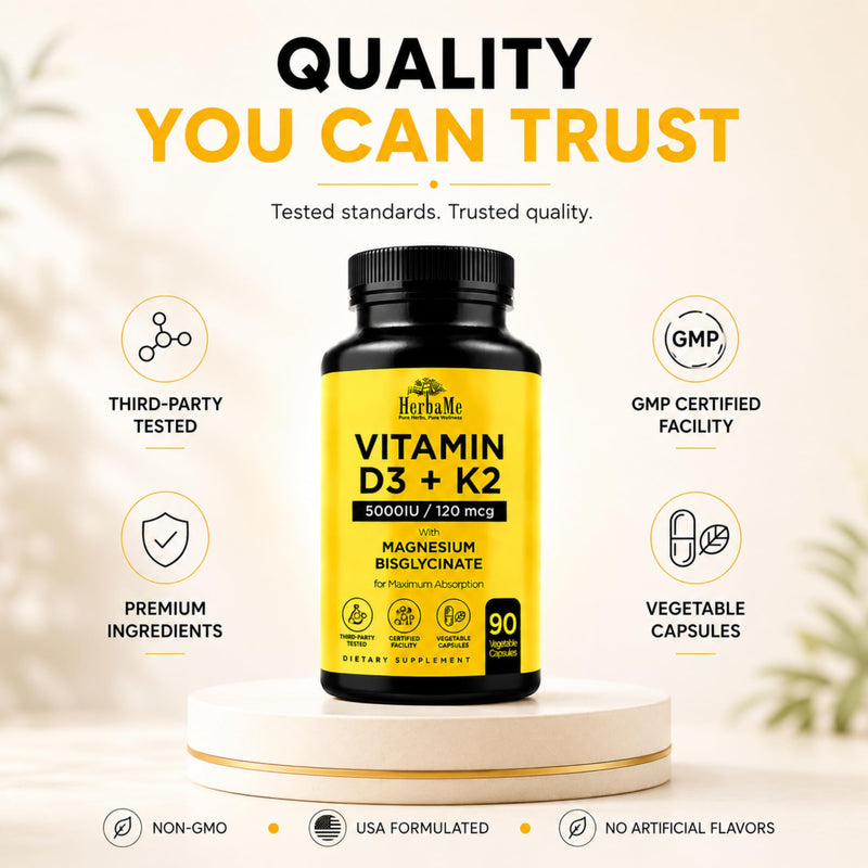 HerbaMe Vitamin D3 5000 IU + K2 with Magnesium Bisglycinate Formula | Complete D3 Activation & Calcium Absorption to Support Bone, Muscle & Immune Health, 90 Capsules