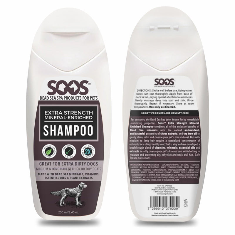 Soos Pets Shampoo Extra Strength for Cat and Dog Shampoo Natural Dead Sea Mineral Enriched Fast Absorbing with Vitamins Essential Oils Natural Ingredients Antib-acterial - 1x 250ml - PawsPlanet Australia