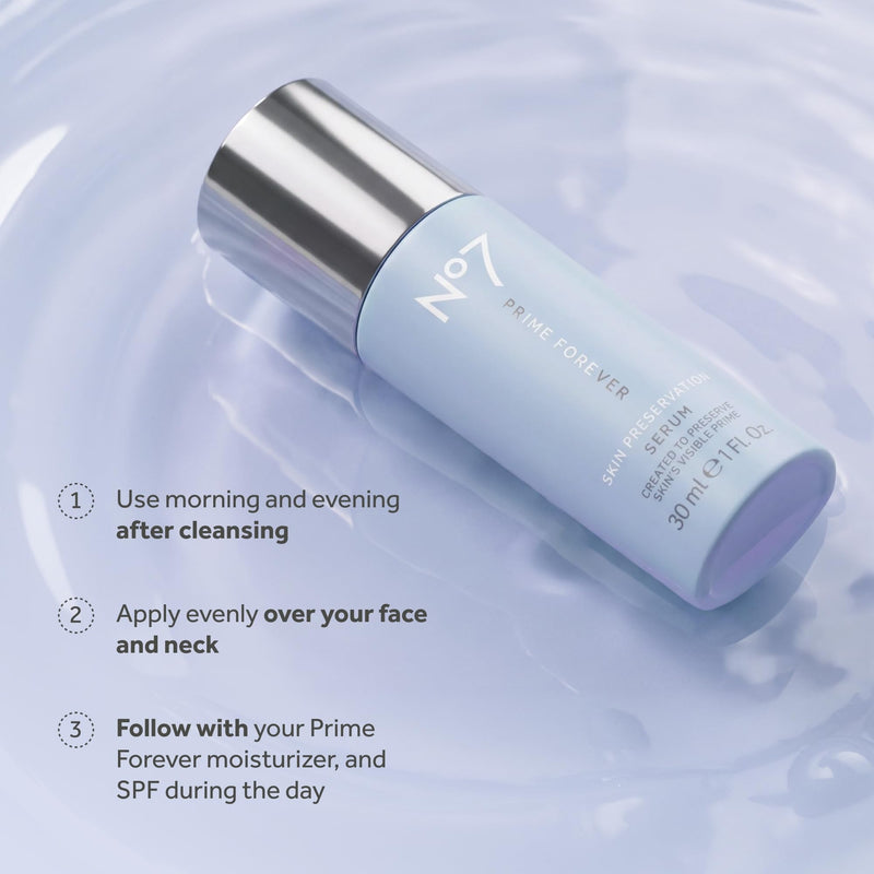 No7 Prime Forever Skin Preservation Face Serum, Hyaluronic Acid, 1 oz | Rice Protein, Vitamin C & E, 100 Hour Hydration, Plumps and Smooths Fine Lines, Fragrance-Free for All Skin Types