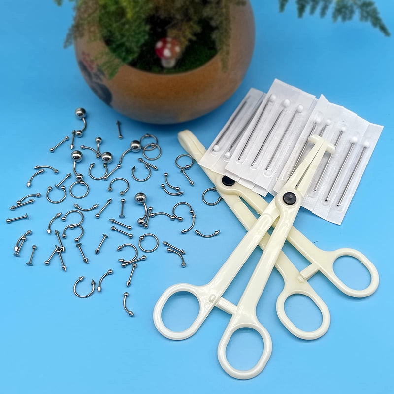 [Australia] - 84PCS Body Septum Piercing Kit 14G 16G Tools for Nose Tongue Lip Ear Eyebrow Belly Button Cartilage Tragus Industrial Barbell Helix Daith Piercing Jewelry Clamps 