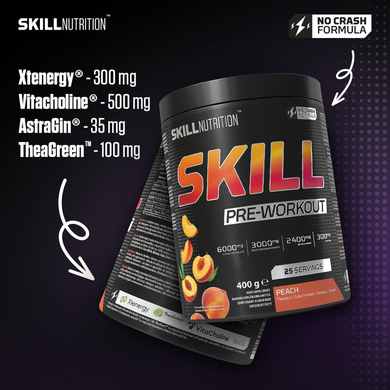 Skill Nutrition Pre-Workout Peach - No-Crash Formula with Extended-Release Caffeine | Xtenergy®, TheaGreen™, Vitacholine®, Astragin® | Vegan, Halal | B-Vitamins, Citrulline, Beta-Alanine