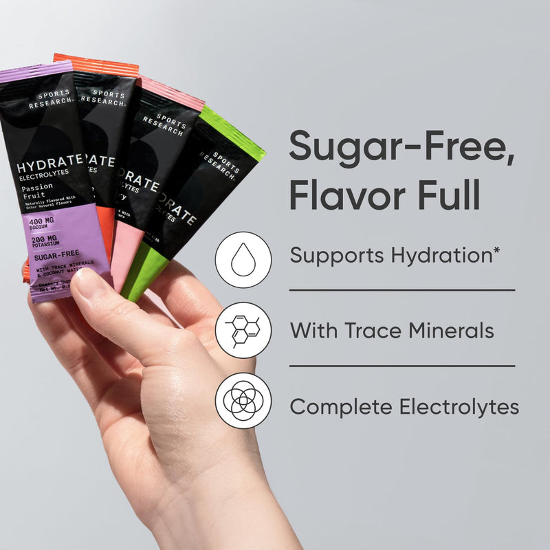 Sports Research Hydrate Electrolytes Combo Pack - Sugar-Free & Naturally Flavored with Vitamins, Minerals, and Coconut Water - Supports Hydration - 32 Packets - Passion Fruit Dominant Flavor