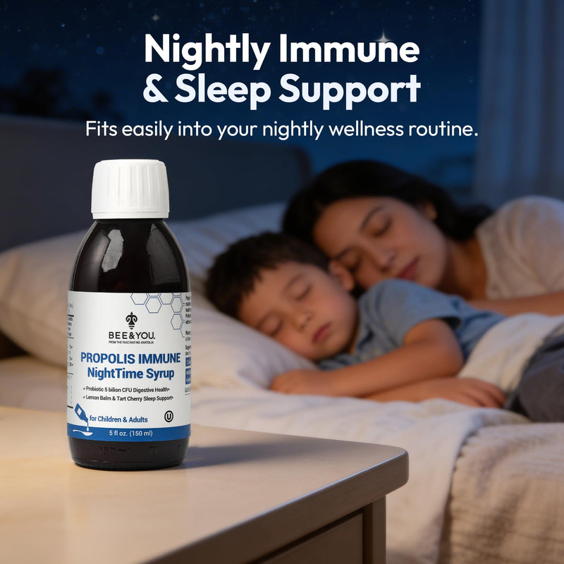 Bee and You Propolis Immune Nighttime Syrup with Probiotic & Vitamin C – Immune & Digestive Support, Healthy Sleep & Gut Health, Antioxidant Rich, 150 ml