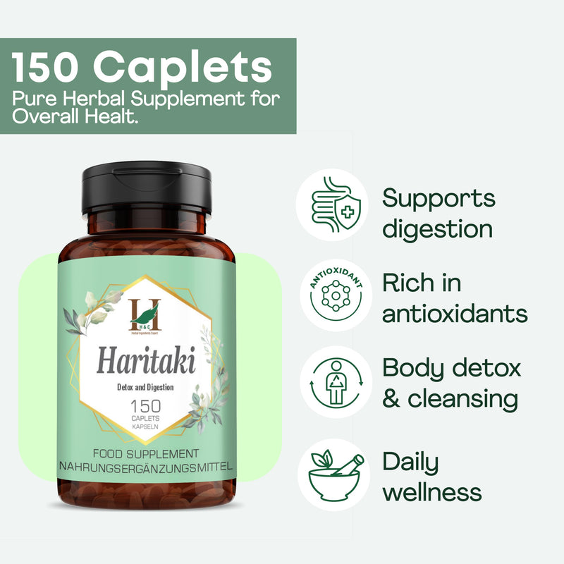 H&C Haritaki Caplets/Tablets (Terminalia Chebula) - 750mg, 150 Counts | Detoxification & Rejuvenation for Vata 750mg Caplets