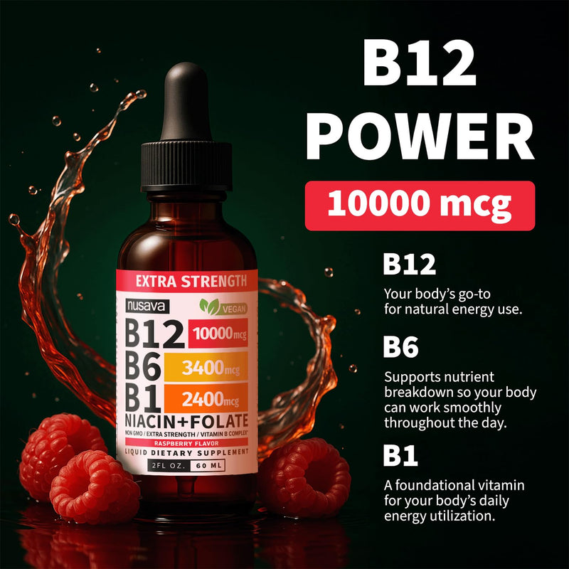 NUSAVA Extra Strength B12 Liquid Drops 10000mcg, Raspberry, Pack of 2 | Energy, Brain and Heart Support, Extra Strength Methylcobalamin B12 with B6, Non-GMO, Sublingual Drops for Women and Men