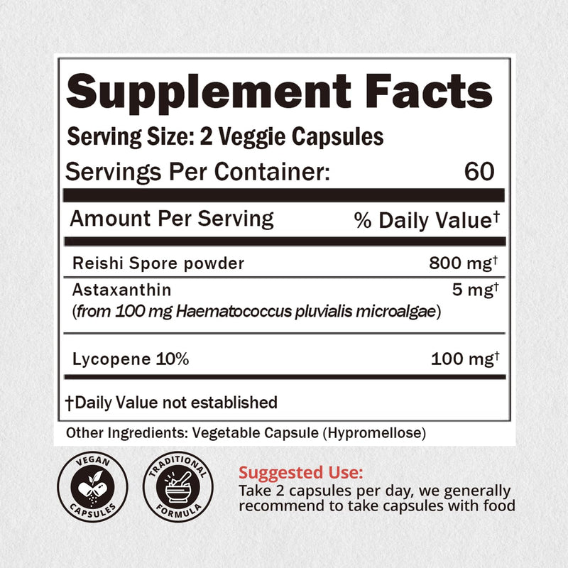 [Australia] - Lycopene 100mg + Astaxanthin 5mg with Reishi Spore, Supplement for Skin Health and Immune Support, 100% Natural Astaxanthin from MicroAlgae and Natural Tomato Extract, 120 Veggie Capsules 
