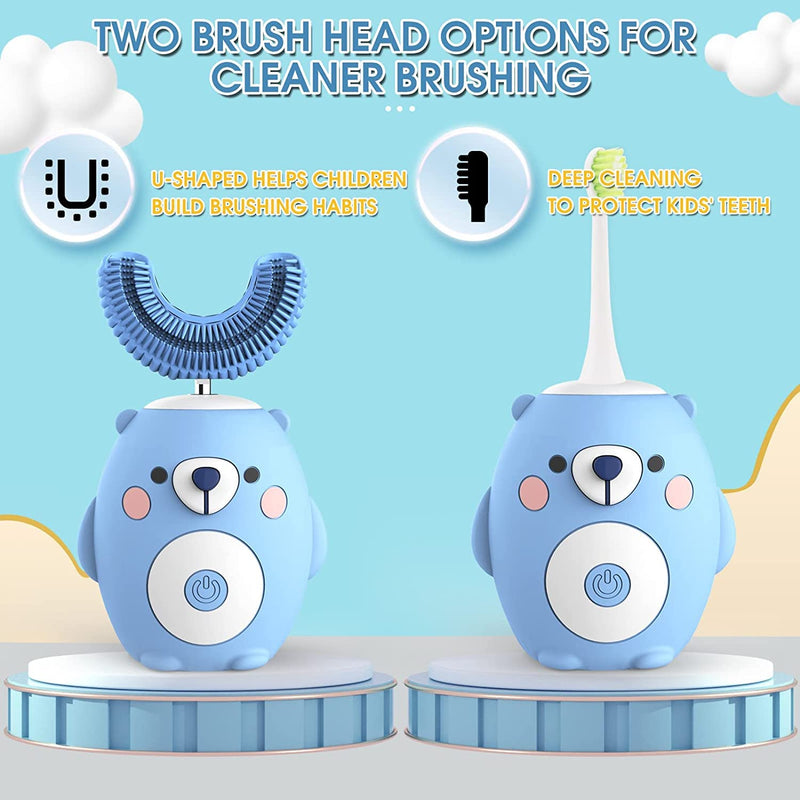 GASLIKE Kids Toothbrush Electric, U Shaped Ultrasonic Automatic Toothbrush with 2 Brush Heads, Six Cleaning Modes, Cartoon Modeling Design for Kids, Special for Birthday Gift (Blue, 2-7Age) Blue