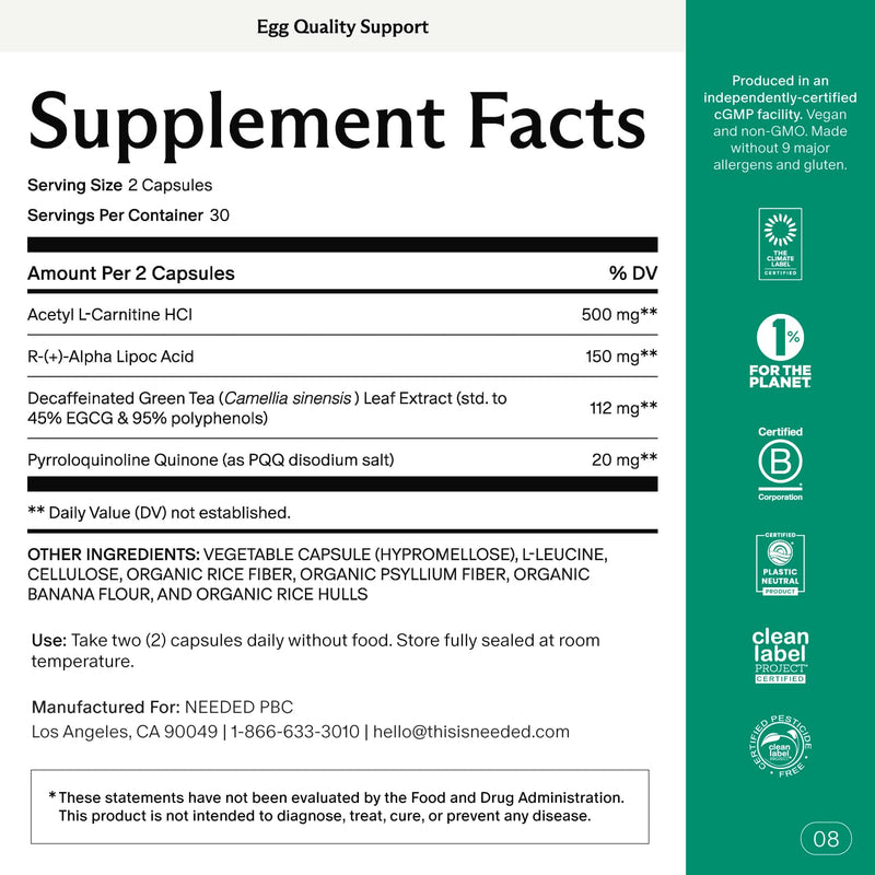 [Australia] - Needed. Egg Quality Support - Optimally Formulated Antioxidants Supplement for Egg Quality - Fertility Support - Fertility Supplement for Women - 60 Capsules - 30 Day Supply 