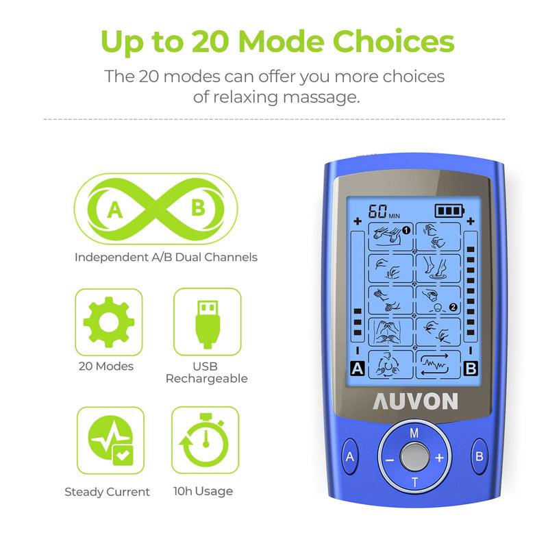 AUVON Dual Channel TENS Unit Muscle Stimulator Machine with 20 Modes, 2" and 2"x4" TENS Unit Electrode Pads Blue