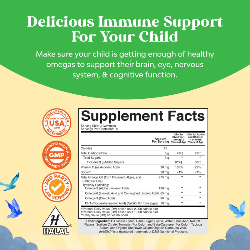 Bundle of Kids DHA Omega 3 Gummies - Fatty Acids Omega 3 6 9 for Brain Immune Strength Vision Focus Support and Liquid Multivitamin for Kids Immunity Support - Yummy Toddler Supplement High Absorption