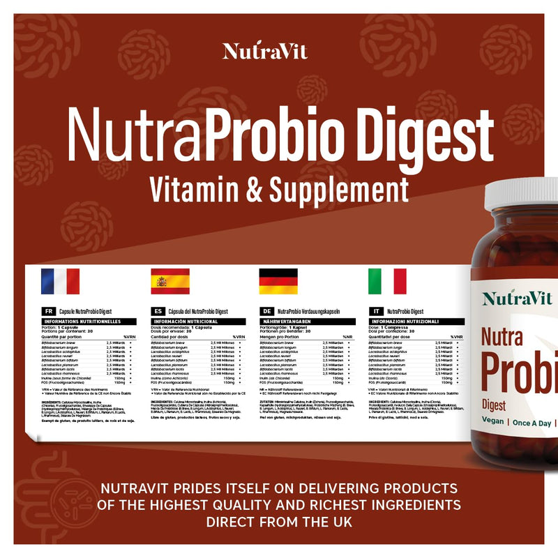 NutraProbio Digest - 20 Billion Probiotic Cultures for Gut & Digestive Health - with Added Prebiotics, Inulin & FOS - Improves Digestion & Immune System - NutraVit, 30 Capsules