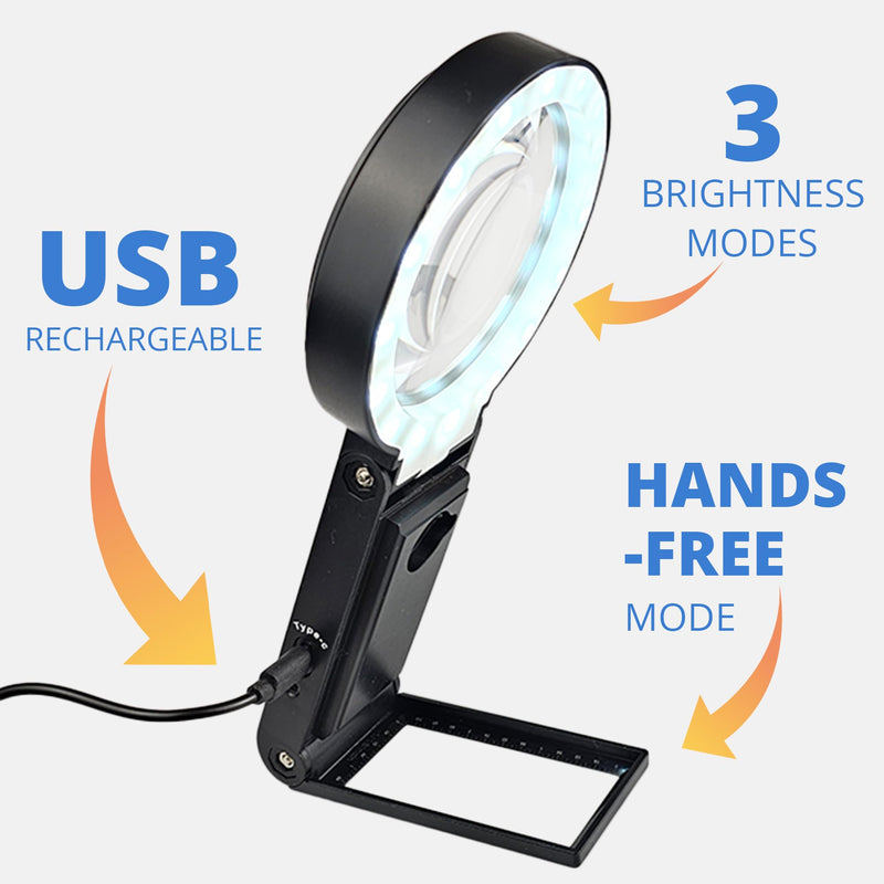[Australia] - Vision Aid 30x Hands-Free Magnifier with Ultra Bright LED Lights and Case, 40x Magnifier with Stand for Reading Jewelry, Coins, Watches, Hobby, Crafts, Close Work, USB Rechargeable, Black USB Rechargeable - Deluxe Edition 