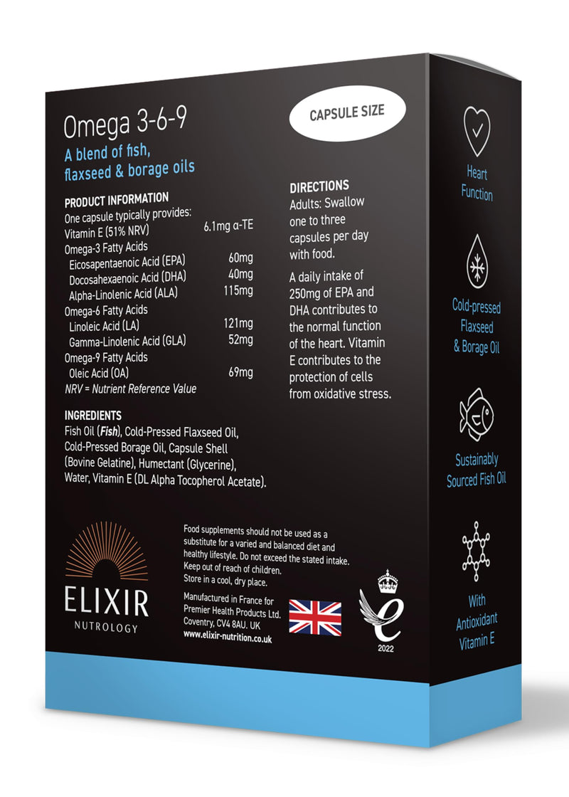 Omega 3-6-9 Softgels | Supports Normal Heart Function & Cardiovascular Health | Essential Fatty Acids from Fish, Flaxseed & Borage Oil | Vitamin E for Antioxidant Support | 30 Capsules | UK Made