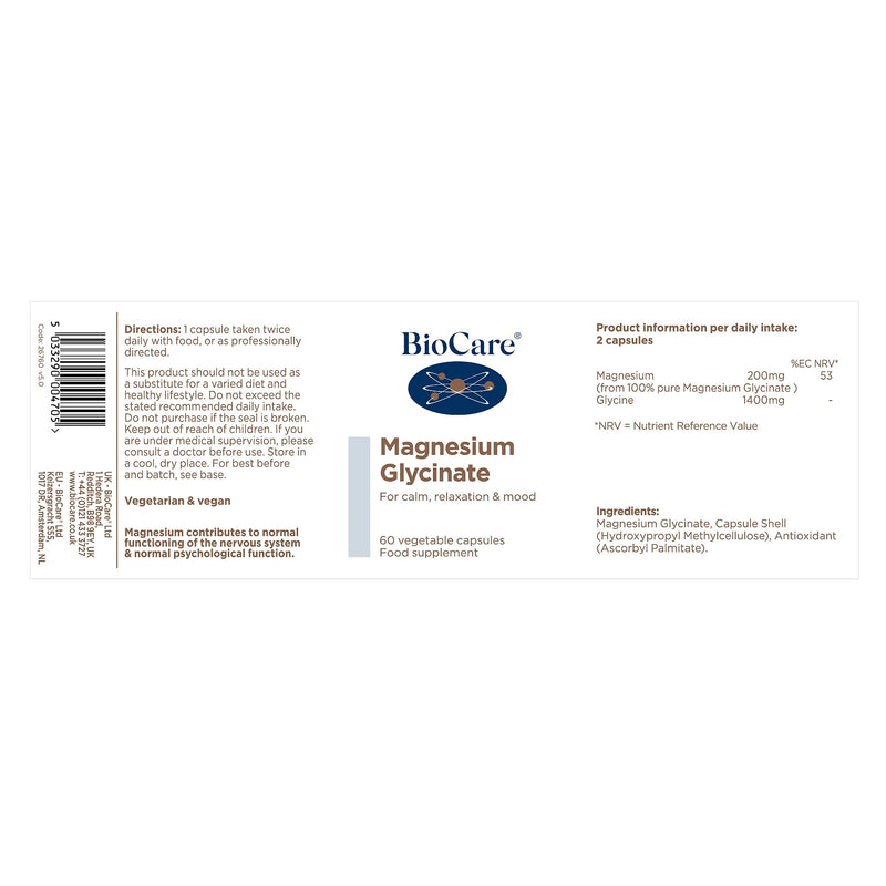 Biocare Magnesium Glycinate - High Strength Magnesium Supplement - 100mg per Capsule - for Tiredness & Fatigue - Muscle & Nervous System Support - 60 Capsules