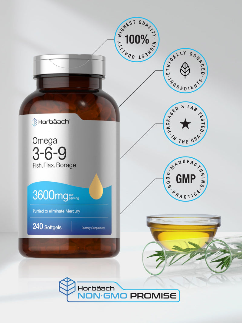 Horbäach Triple Omega 3-6-9 240 Softgels | from Fish, Flaxseed, Borage Oils | Non-GMO & Gluten Free