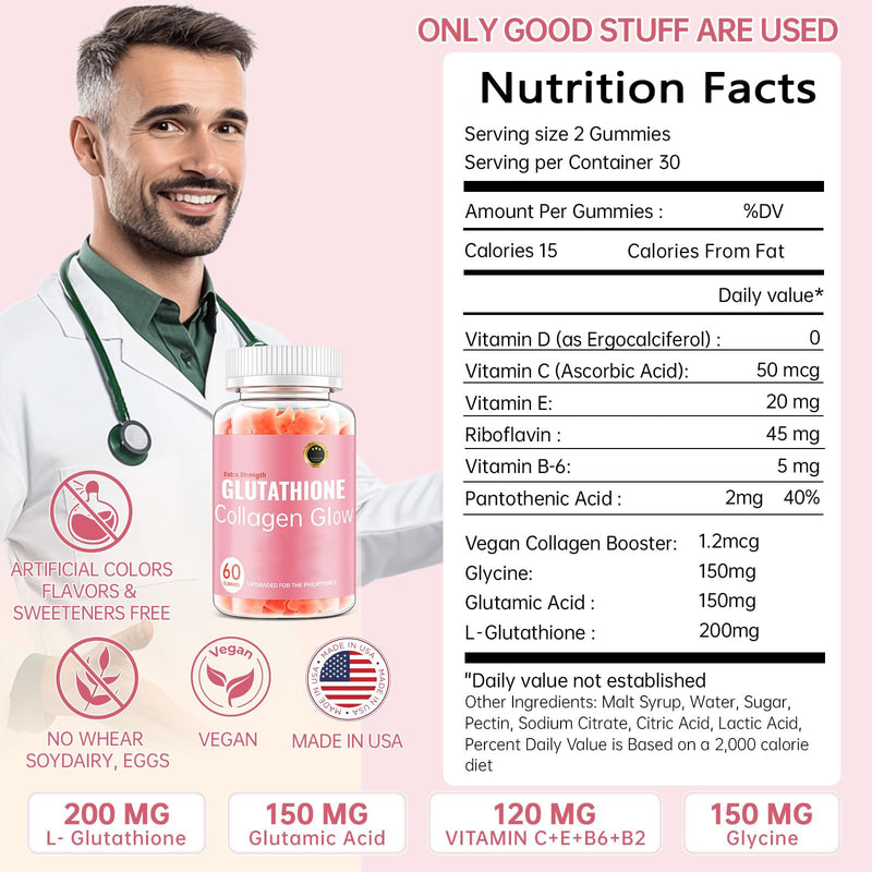 Glutathione Collagen Glow Gummies for Women, Glutathione Collagen Glow Gummies for Dark Spot, 60/120Pcs Korean Organic Glow Beauty Collagen for Skin Care Anti-Aging (1) 1