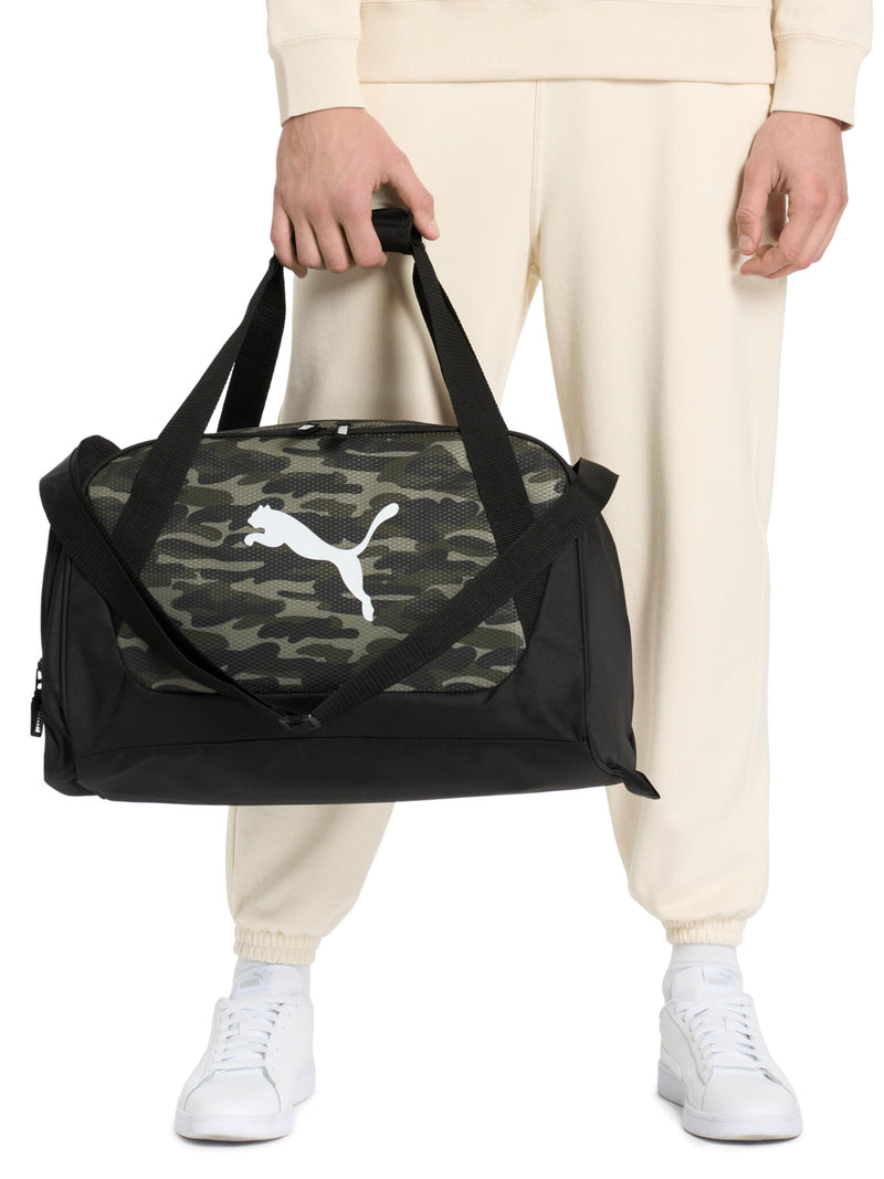 PUMA unisex-adult Form Factor Duffel with Adjustable Strap, Padded Bottom & Zip Pockets Black/White One Size