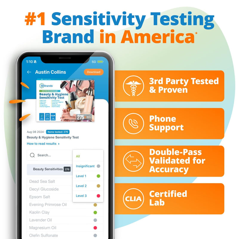 5Strands Beauty and Hygiene Sensitivity Test, At Home Hair Sample Analysis for People, Screens for Skincare, Haircare, Makeup, and Personal Care Products, Digital Results in 4 Days