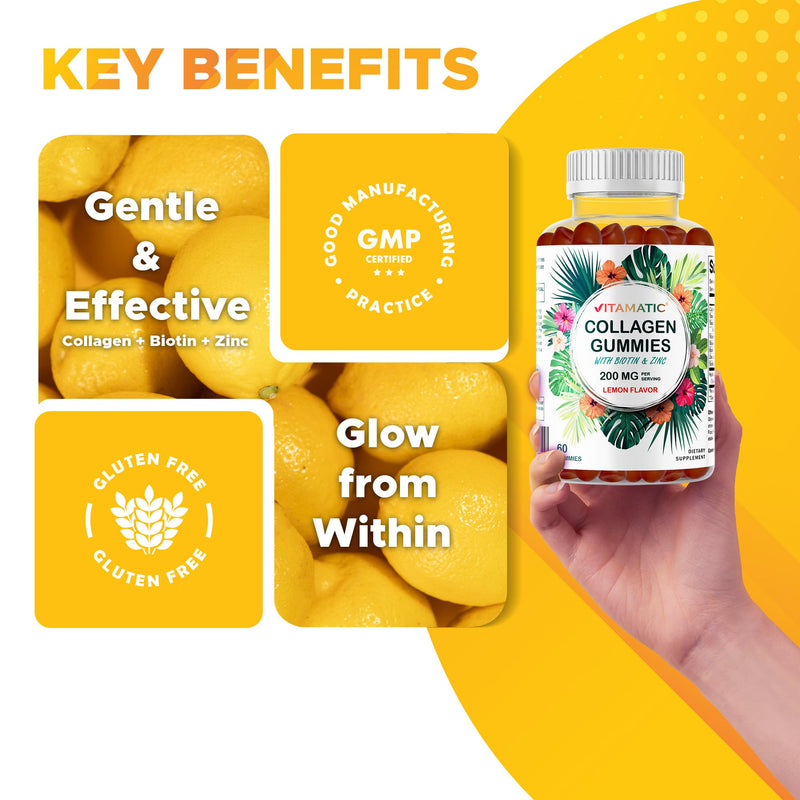 Vitamatic Hydrolyzed Collagen Gummies with Vitamin C, Zinc and Biotin, 200 mg - Healthy Skin Support - 60 Gummies