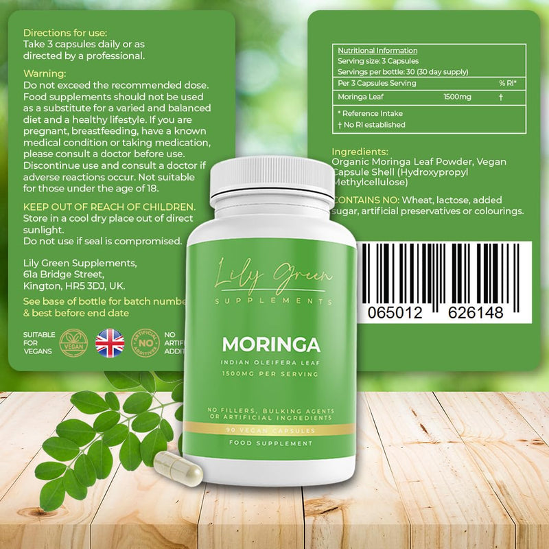 Lily Green Organic Moringa Capsules | High Strength Pure Moringa Supplement | No Artificial Additives | 90 Vegan Capsules | Made in UK