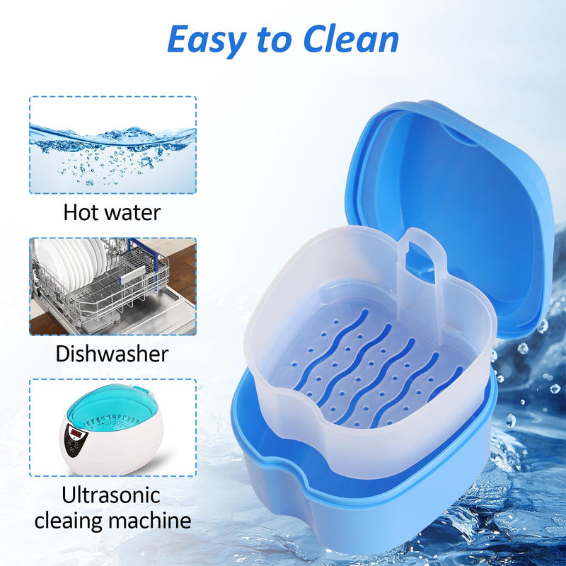 [Australia] - 2 Pack Denture Case, Denture Case for Full Dentures Partial Denture Case Denture Holder Case for Soaking with Srainer Basket Denture Cups for Soaking Dentures (Blue and White) 