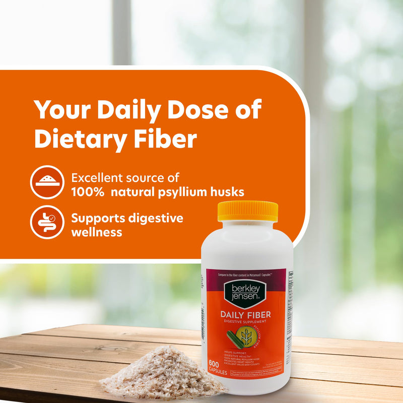 [Australia] - Berkley Jensen Daily Psyllium Husk Supplement (600 - Count), Natural Fiber for Men & Women - Fiber Capsules for Overall Digestive Health, Easing Constipation, Aiding Nutrient Absorption (Pack of 1) 