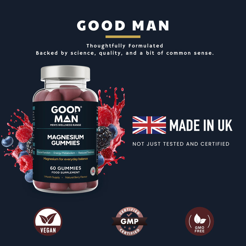 Good Man Magnesium Gummies 180mg for Men | Magnesium Supplement for Muscle Function & Fatigue Reduction | Energy Metabolism Support | Natural Berry Flavour | Vegan | 60 Gummies | UK Manufactured