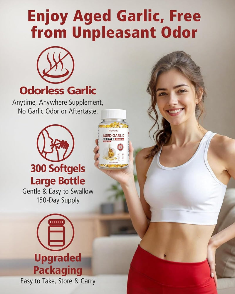 Aged Garlic Extract Odorless Softgels, 20:1 Concentrate, Daily Immune & Heart Health Support, 2 Year Aged Garlic Supplements for Men & Women, 300 Count 300 count (Pack of 1)