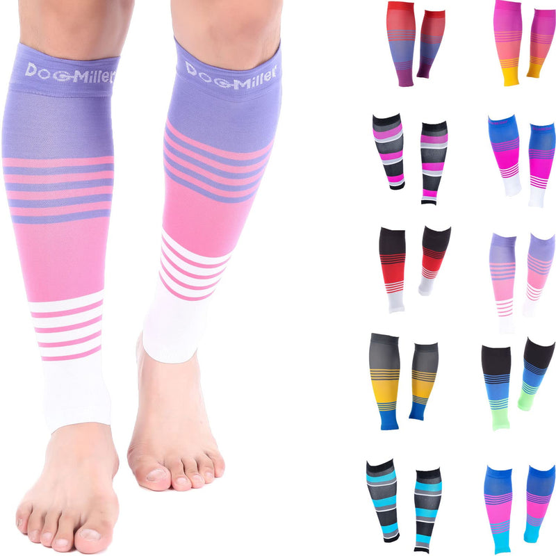 Doc Miller Compression Calf Sleeve for Men & Women, 20-30 mmHg Graduated Support, Knee High, Running, Shin Support, Calf Sleeves, Striped Design, 1 Pair X-Large Pink.Violet.White