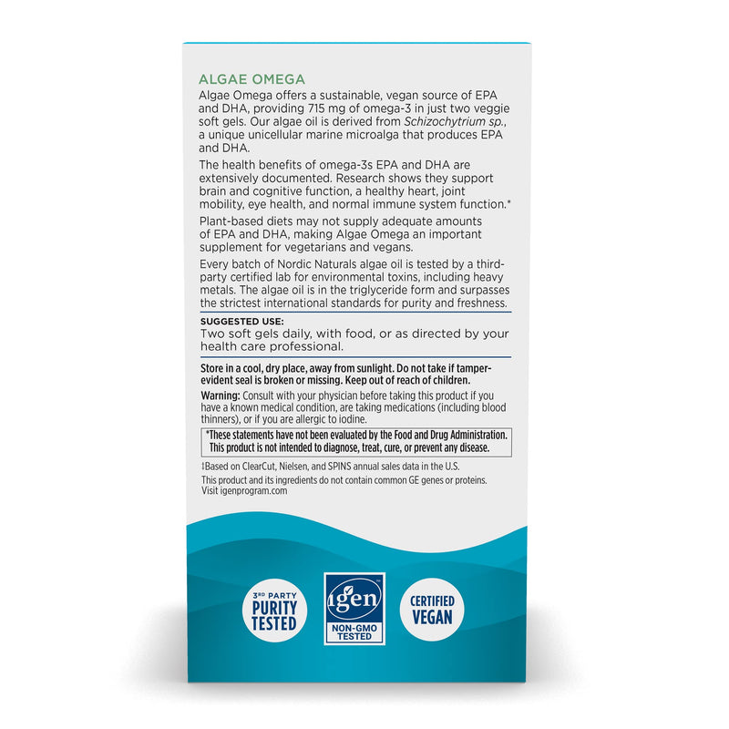 [Australia] - Nordic Naturals Algae Omega - 120 Soft Gels - 715 mg Omega-3 - Certified Vegan Algae Oil - Plant-Based EPA & DHA - Heart, Eye, Immune & Brain Health - Non-GMO - 60 Servings Unflavored 120 Count (Pack of 1) 