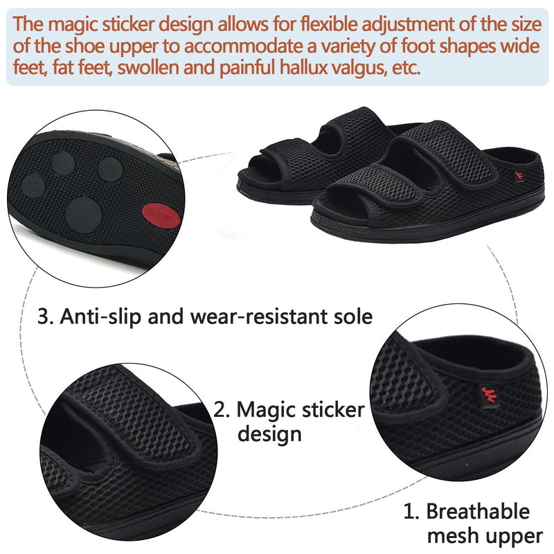 [Australia] - Women's Diabetic Sandals, Extra Wide Width, Open Toe, Adjustable Magic Stickers for Wide Feet, Big Toes, Foot Diseases, Arthritis, Swollen Foot Black 8 Wide 
