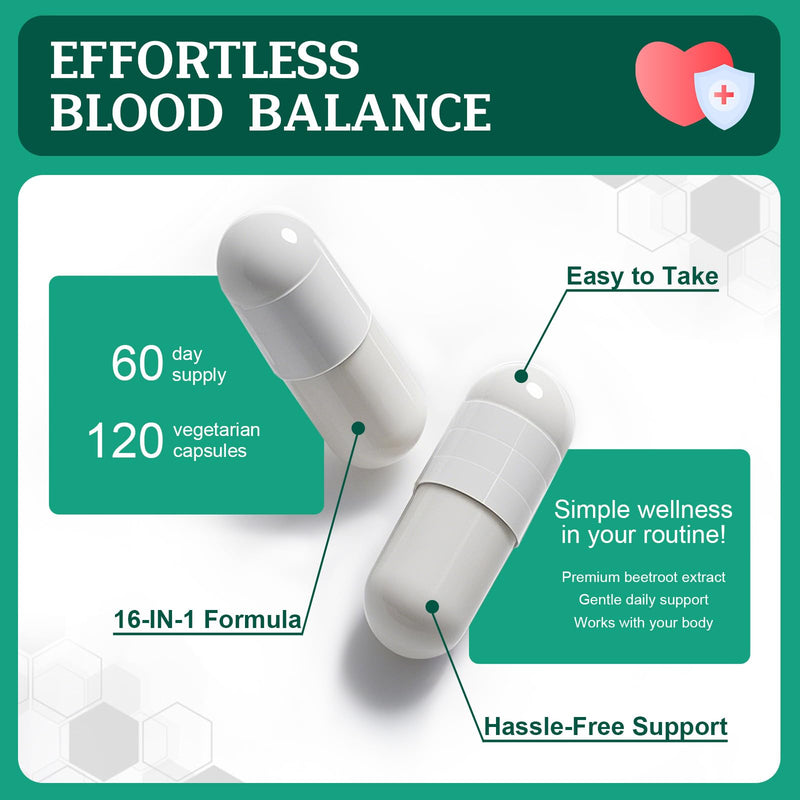 [Australia] - 16-in-1 Blood Pressure Supplements with 500mg Beetroot Powder - Nitric Oxide Supplement for Healthy Blood Circulation, Heart Healthy & Blood Pressure Support - 120 Vegan Capsules 