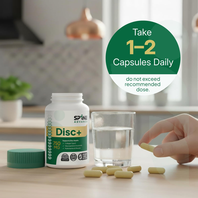 Disc+ Spinal Health Supplement - Glucosamine, Chondroitin, Collagen, Vitamins & Trace Minerals – Supports Healthy Spinal Discs and Back - 60 Capsules - 100% Natural Ingredients Disc Plus