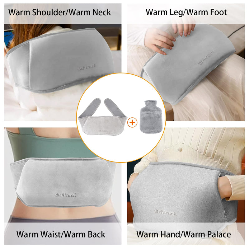 [Australia] - Behiruch Hot Water Bottle Belt, 1.2 L Hot Water Bottle with Cover and Soft Waist Cover, 3 in 1 Hot Water Bottle Belt Made of Rubber for Neck Shoulder Back Legs Waist Warming (Grey) 