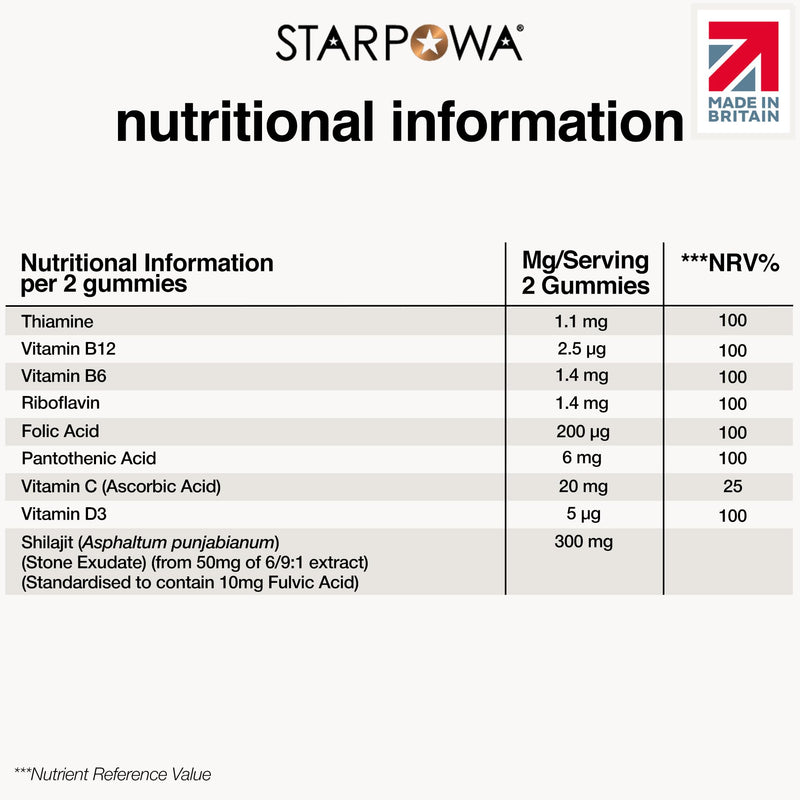 Starpowa Energy + Shilajit 300mg Gummies - Himalayan Shilajit, Vitamin B12, B6, Folic Acid, C & D3 - Supports Energy-Yielding Metabolism & Immune Support - Mixed Berry - 60 Gummies, 30-Day Supply
