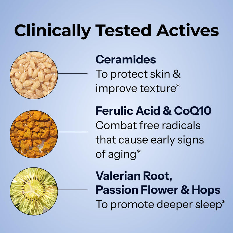 HUM Mighty Night Sleep & Skin Supplement CoQ10 & Valerian Root, 60 Count | CoQ10, Ferulic Acid, Ceramides, Passion Flower & Valerian Root, Women & Men, Vegan Softgels