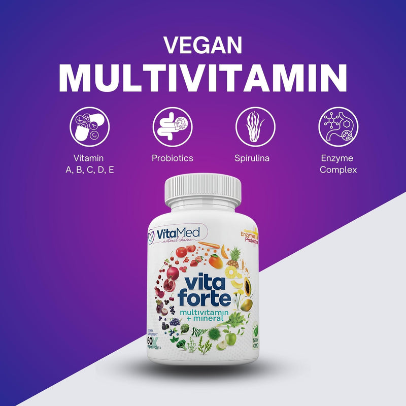 Vita Forte Vegan Multivitamin with Probiotics, Digestive Enzymes & 42 Fruits & Vegetables – Halal Certified, Non-GMO, Gluten-Free, Daily Energy & Immune Support – 60 Vegan Tablets 60 Count (Pack of 1)