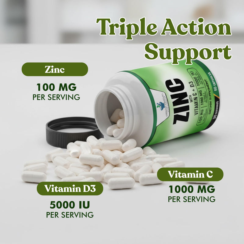 American Standard Supplements Zinc 100mg, Vitamin C 1000mg, and Vitamin D3 5000 IU (125mcg) Per Serving - Gluten Free, Non-GMO, 60 Capsules, 30 Servings 60 Count (Pack of 1)