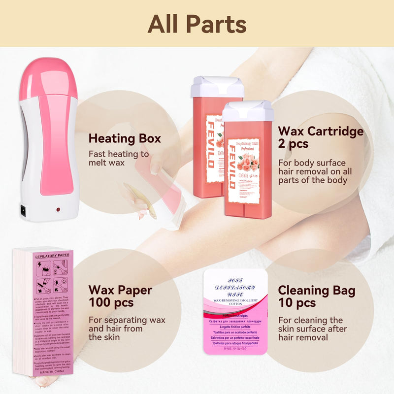 [Australia] - Hair Removal Kit for Hair Removal for Women and Men with Strip, Roll On Wax Kit with 2 Rose Soft Wax Cartridge & 100 Non-Woven Wax Strips, at Home Waxing Kit for Women, Soft, Pink 