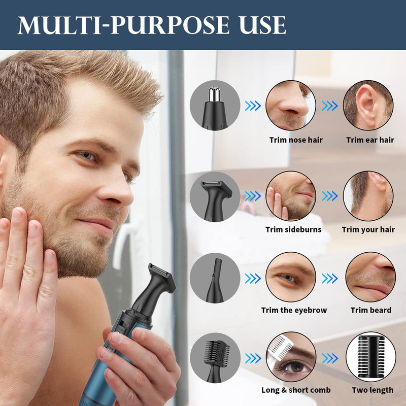 [Australia] - Men's Nose Hair Trimmer, 3 in 1 Professional Ear Hair Trimmer and Nose Hair Remover for Men and Women, USB Rechargeable, Dual Blades, IPX7 Waterproof, Easy Cleaning, Blue 