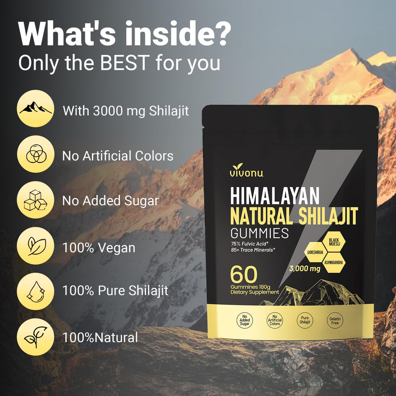 [Australia] - Himalayan Shilajit Gummies with Ashwagandha & Gokshura | 85+ Trace Minerals & Fulvic Acid | Organic, Non-GMO Micronutrient Supplement for Men & Women | 100% Pure & Natural 1 Bag / 60 Gummies 