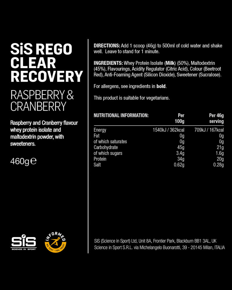Science in Sport Rego Clear Recovery | Clear Whey Protein Shake | 20g Protein, 21g Carbs, Low in Sugar | Raspberry & Cranberry, 460g 10 Servings (Pack of 1)