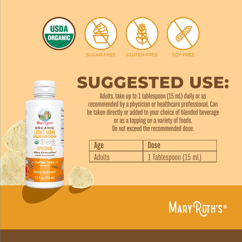 MaryRuth Organics Lion's Mane Liposomal (Coffee Cake) & Collagen Booster Liposomal (Maple Hot Cocoa) Clean Label Project Verified® Vitamins for Cognitive Support, Beauty & Joint Health, Vegan, Non-GMO